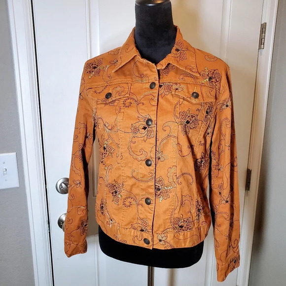 Hearts Of Palm Women's Brown Jeweled Floral Button Front Collared Jacket Sz 10 - Picture 6 of 17